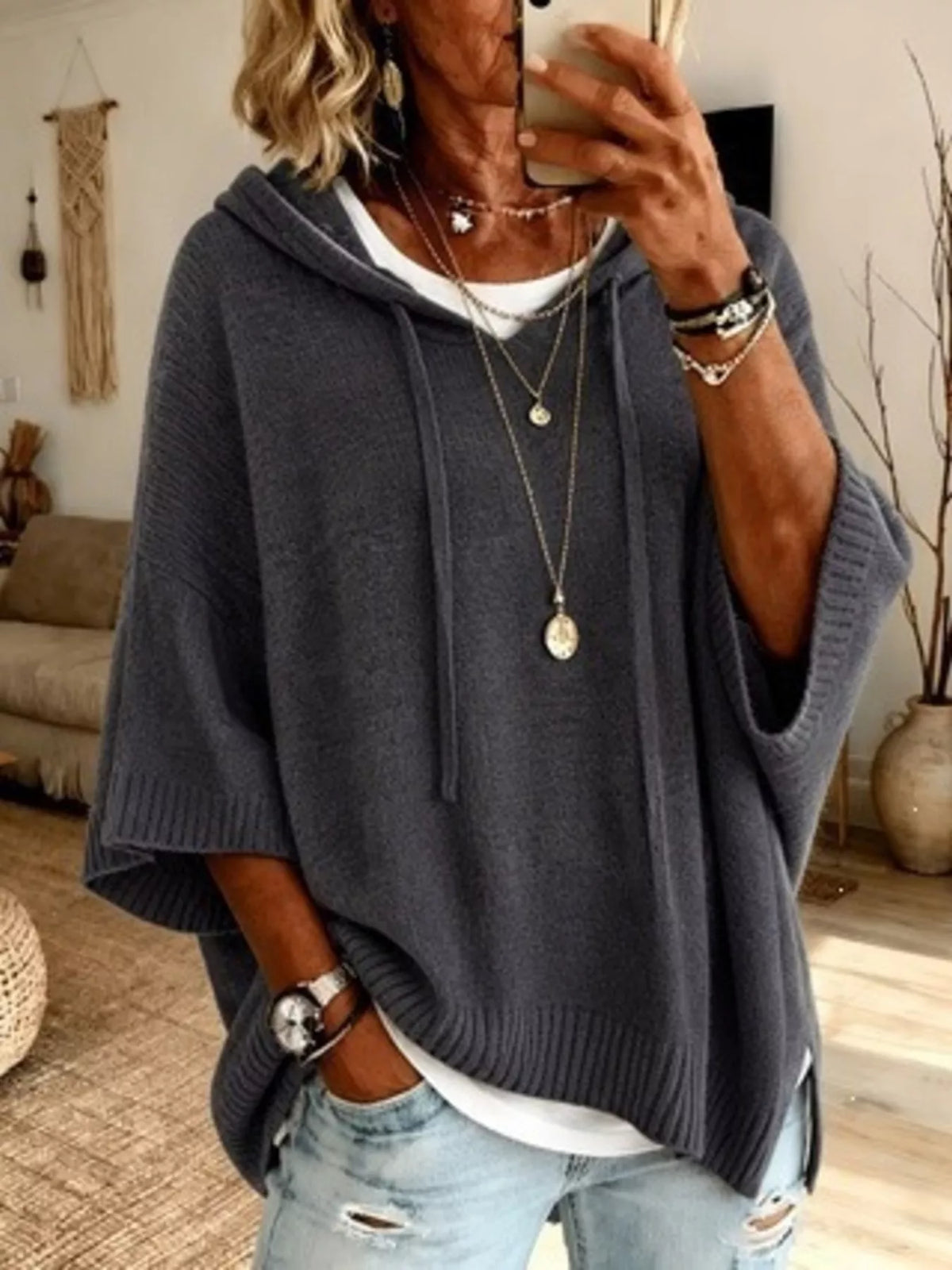 Plus size Trendsi hooded sweater with 3/4 sleeves and drawstring, featuring a full-size fit and casual, cozy style.