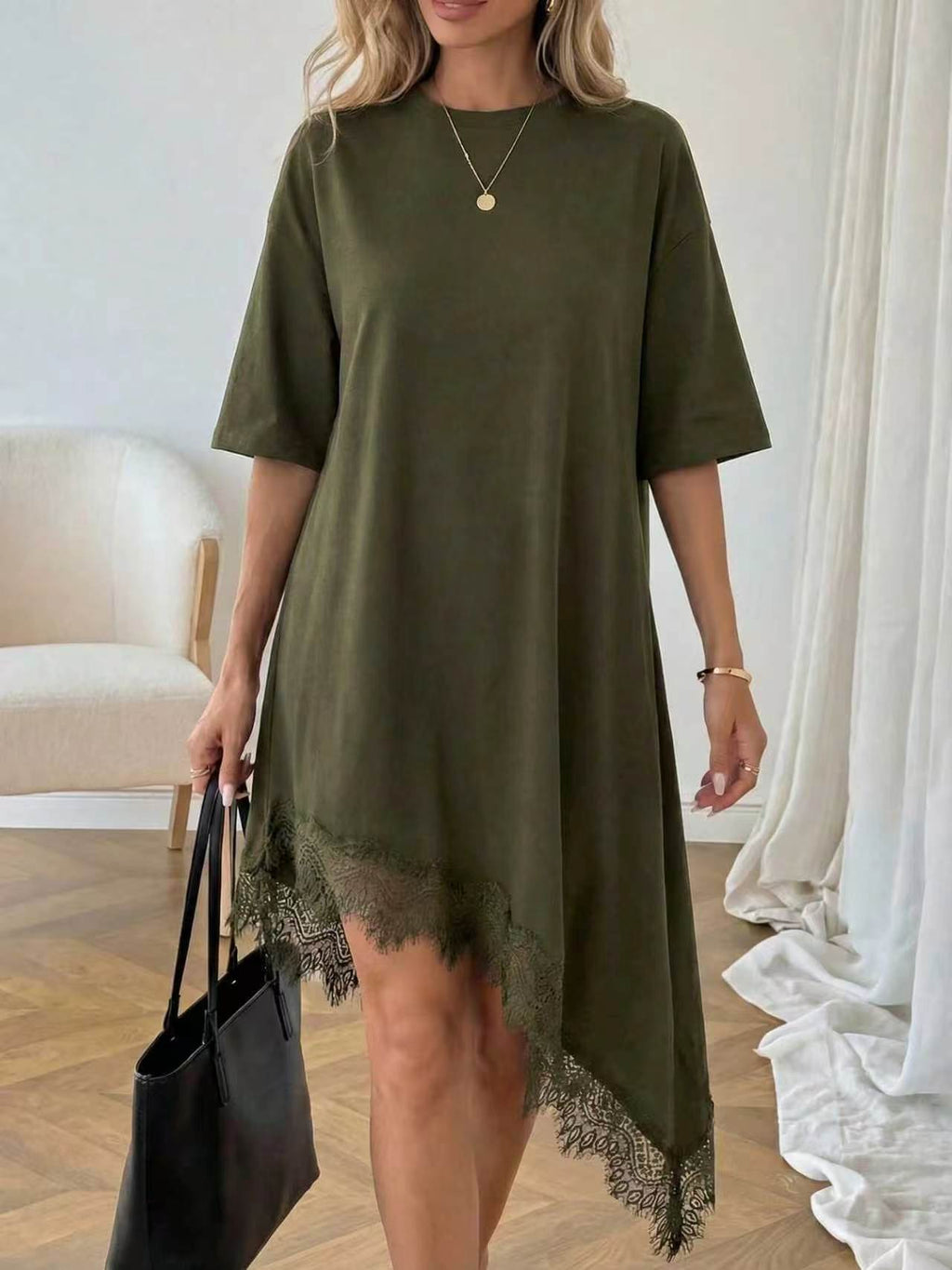 Women's lace trim asymmetric three-quarter sleeve dress by Plush Fashion Hub, featuring elegant design and comfortable fit.