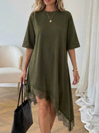 Women's lace trim asymmetric three-quarter sleeve dress by Plush Fashion Hub, featuring elegant design and comfortable fit.