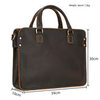 Pi-Mart Retro Crazy Horse leather briefcase with 14-inch size, featuring a classic commuter business design and sturdy leather construction.