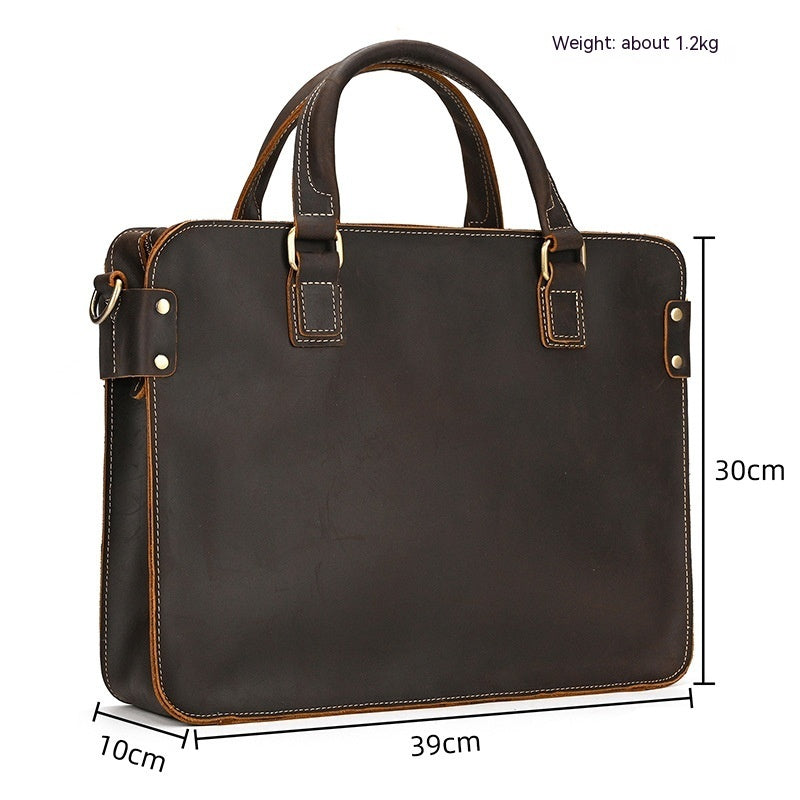 Pi-Mart Retro Crazy Horse leather briefcase with 14-inch size, featuring a classic commuter business design and sturdy leather construction.