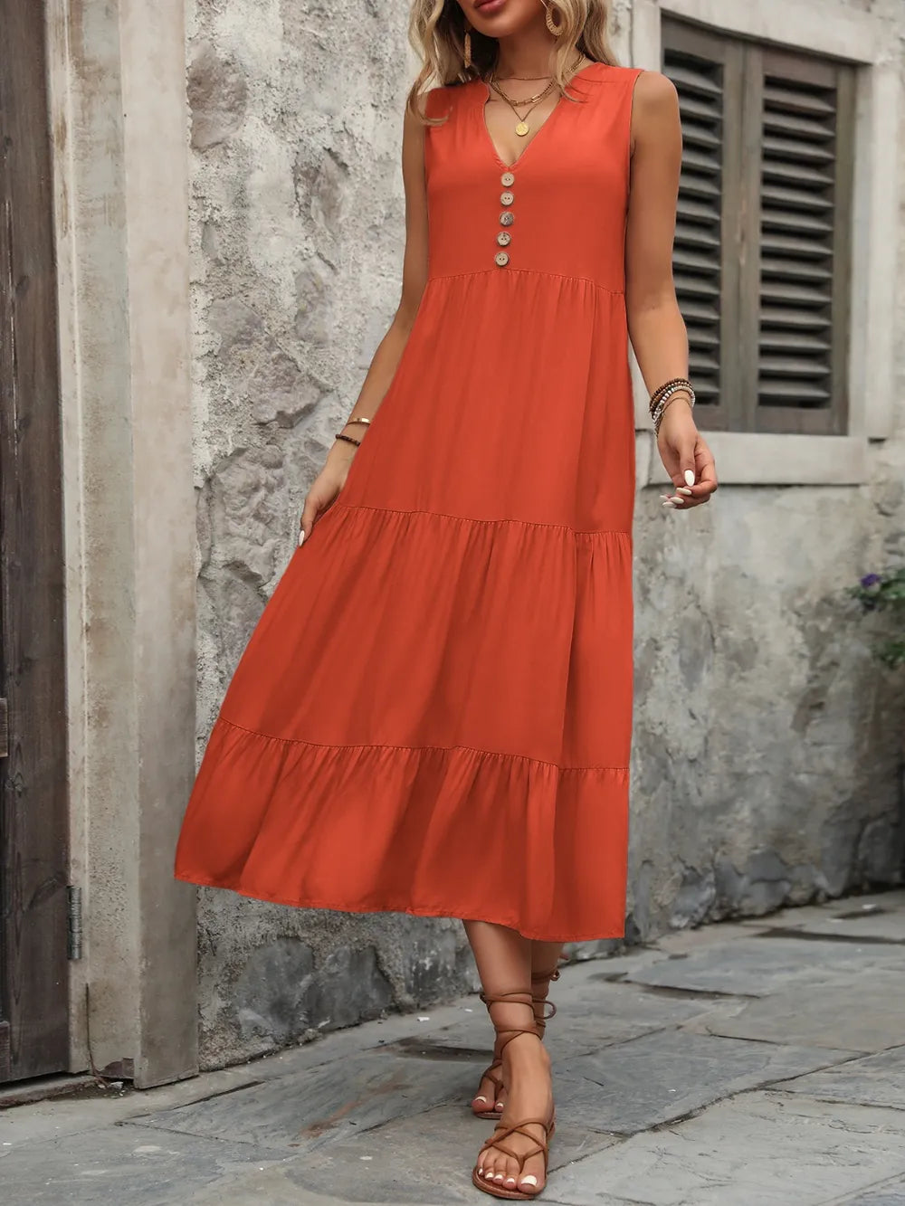 Plush Fashion Hub Ivy Lane women’s sleeveless cotton dress with notched neckline and button-down front, stylish and comfortable for warm weather.