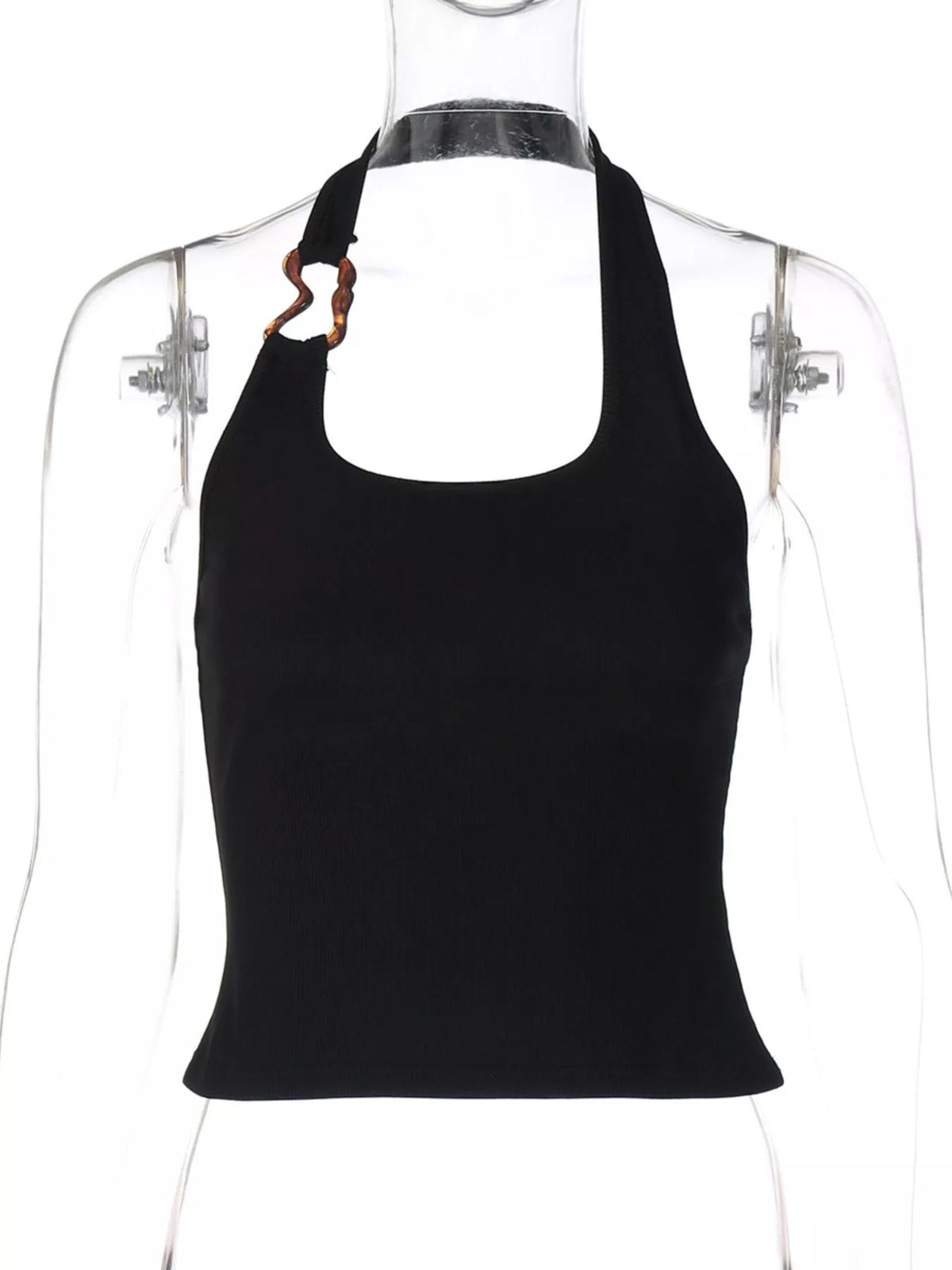 Ribbed halter neck tank top from Plush Fashion Hub, shown in beige with fitted ribbed fabric and sleeveless design.