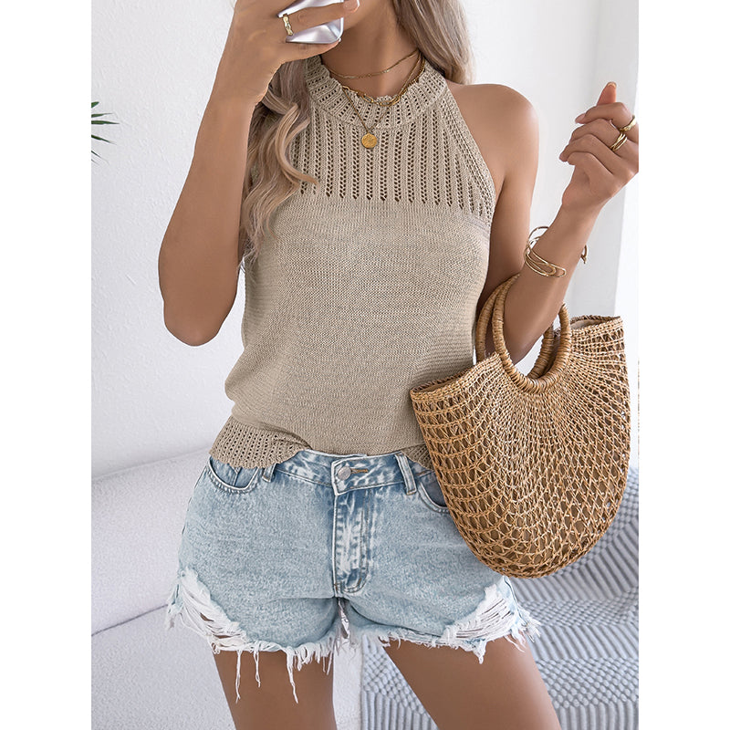 Women’s summer halter tank top from Plush Fashion Hub with sleeveless racerback knit sweater vest, casualwear for warm weather.