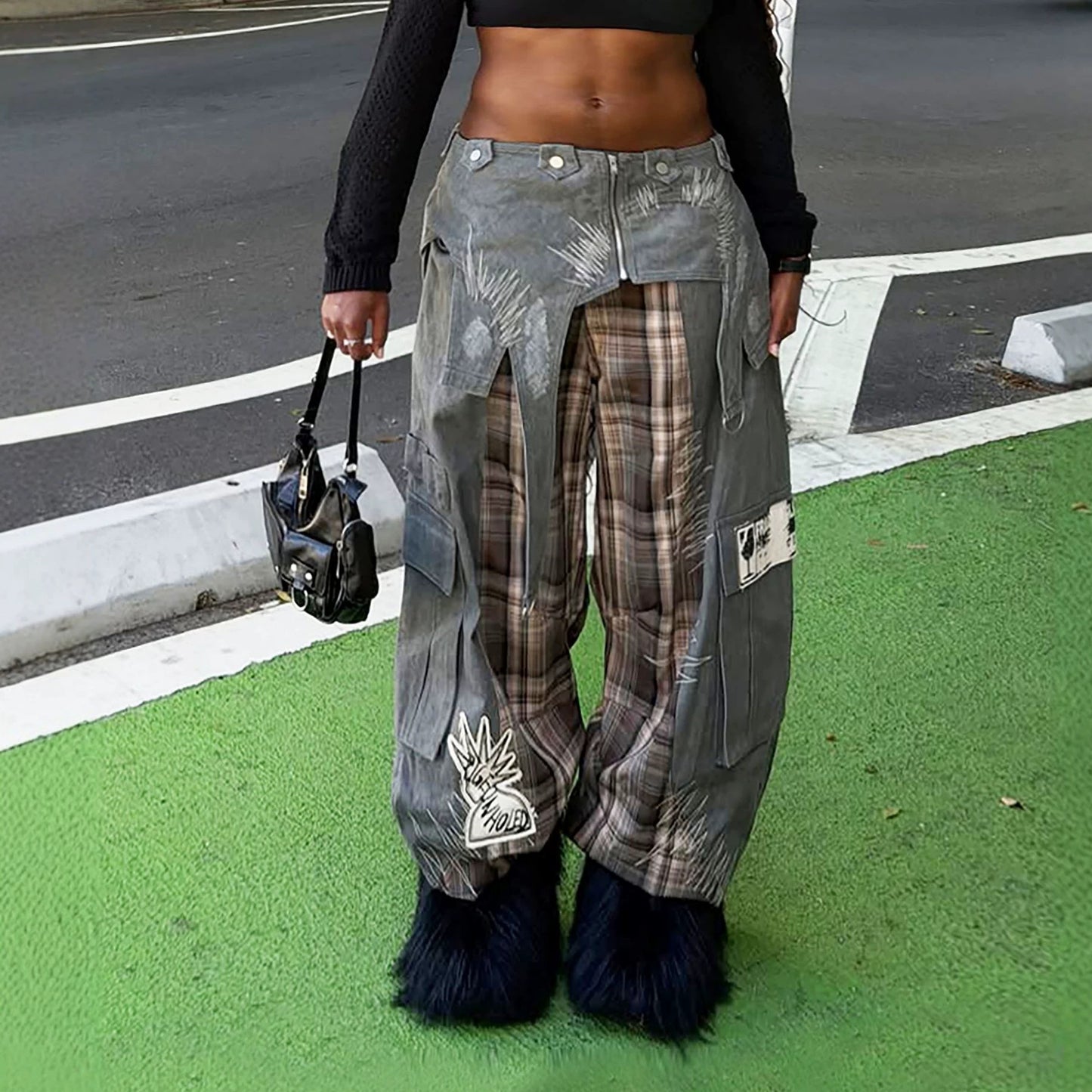 Eprolo plaid patchwork embroidered street style jeans with colorful stitching and unique design, front view showing detailed embroidery.