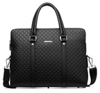 Pi-Mart men's business briefcase showing sleek leather design with handles and a front zipper pocket.
