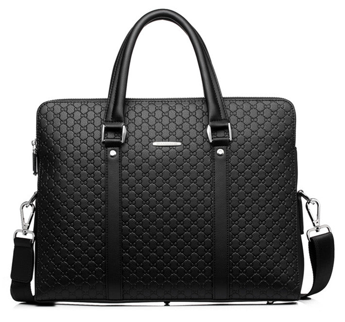 Pi-Mart men's business briefcase showing sleek leather design with handles and a front zipper pocket.