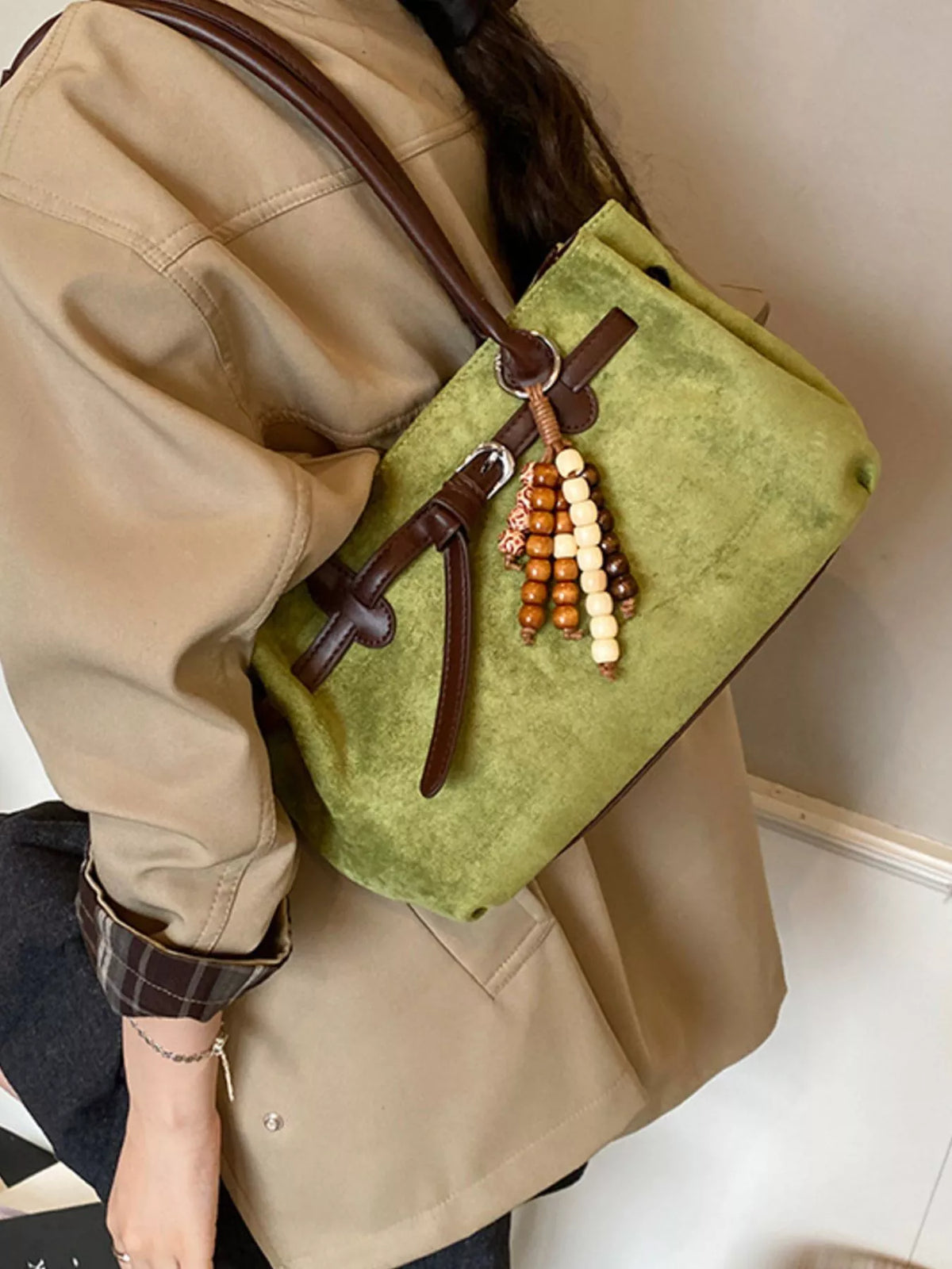 Vintage suede tote bag from Plush Fashion Hub with sturdy handles and spacious interior, perfect for everyday use.