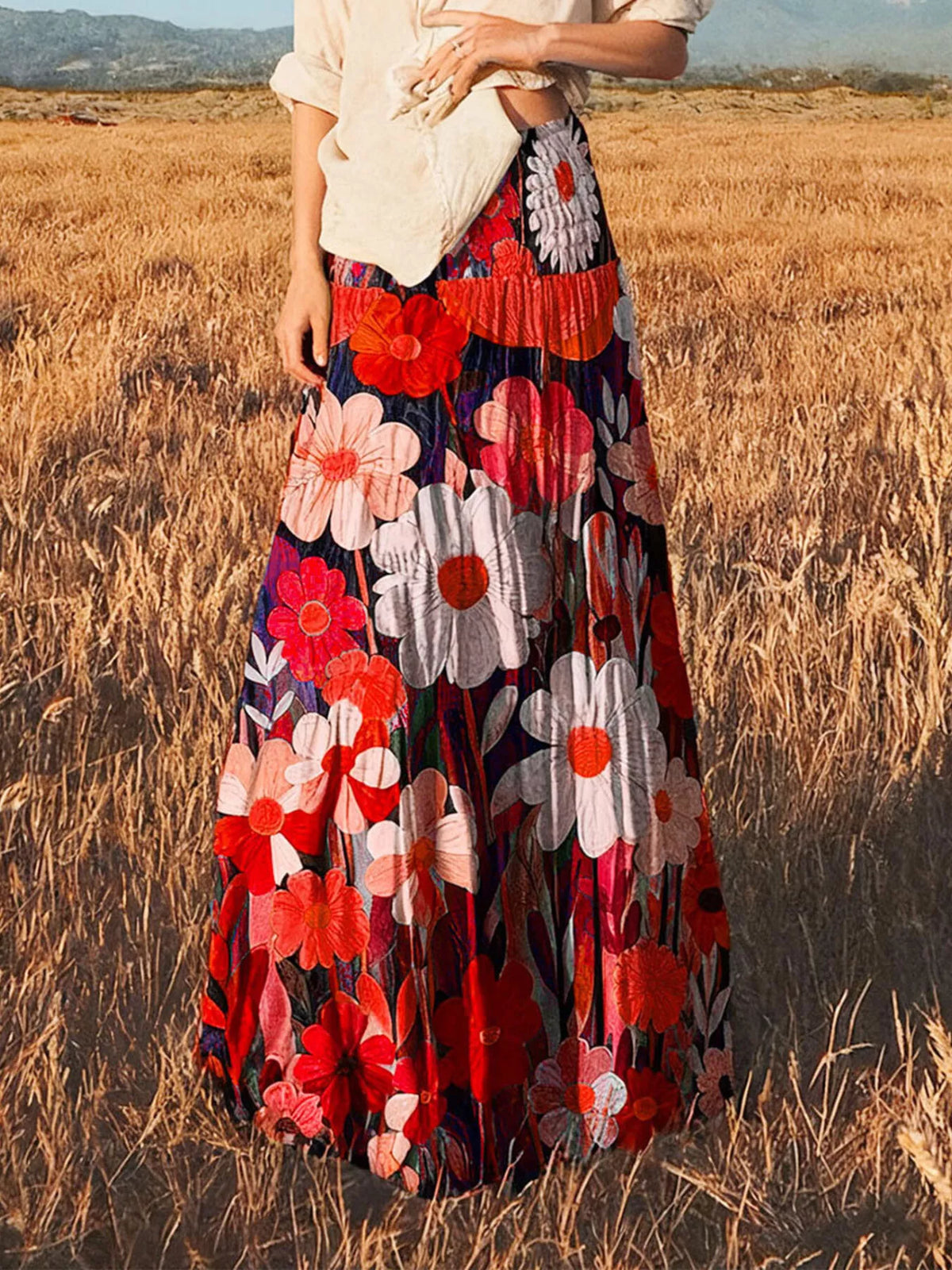 Floral print high-waisted maxi skirt from Trendsi featuring flowing fabric and vibrant flower patterns.