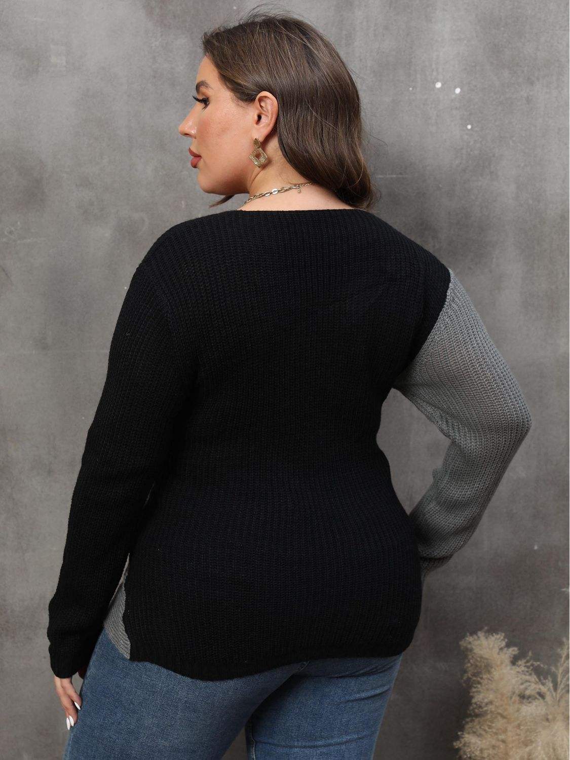 Plus Size Two-Tone Surplice Neck SweaterElevate your wardrobe with our Plus Size Two-Tone Surplice Neck Sweater! This sweater features a basic style with a touch of stretch for a comfortable fit. Made of 1SweaterTrendsiPlush Fashion Shop