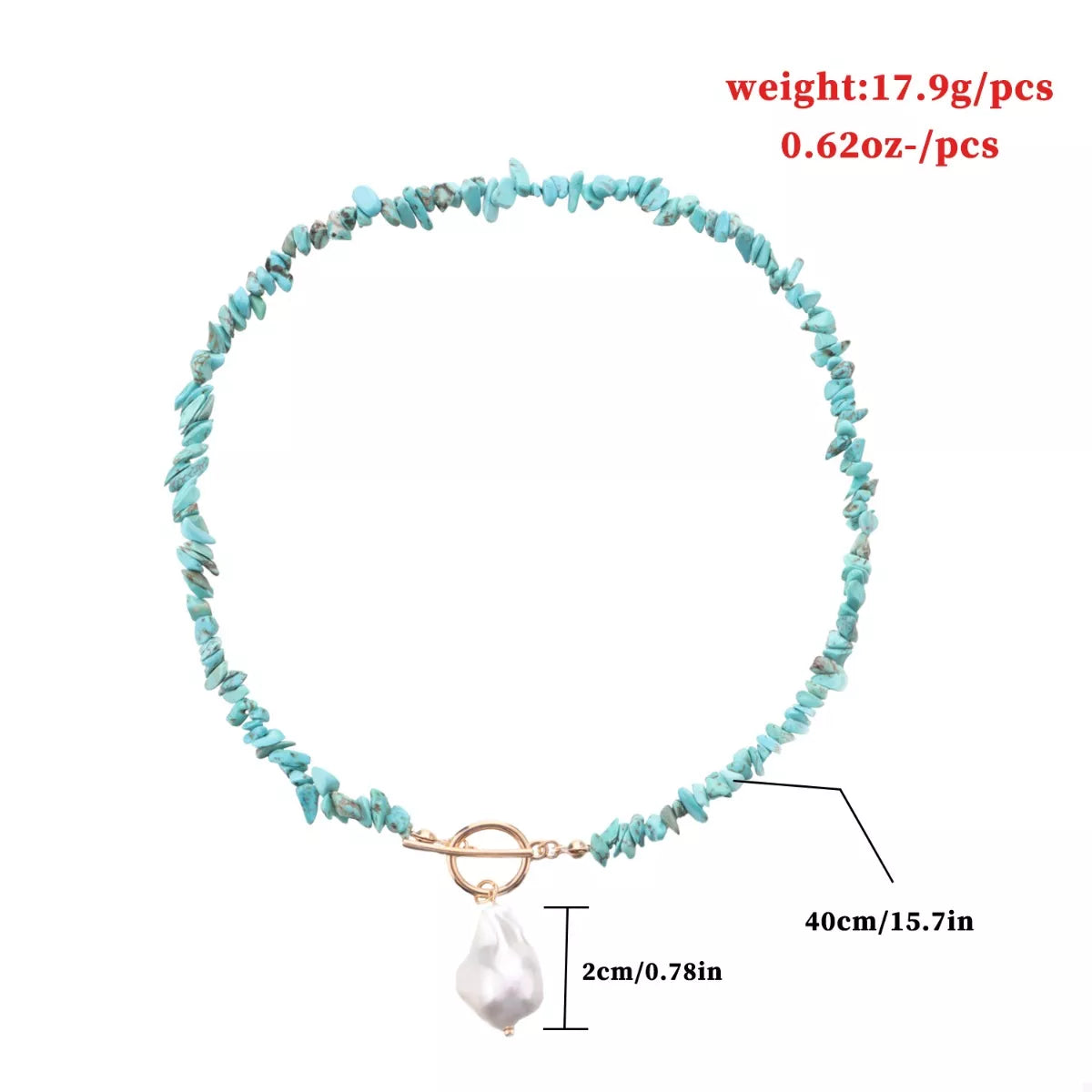 Turquoise irregular pearl necklace with varying-sized pearls on a delicate chain, stylish jewelry piece from Plush Fashion Hub.