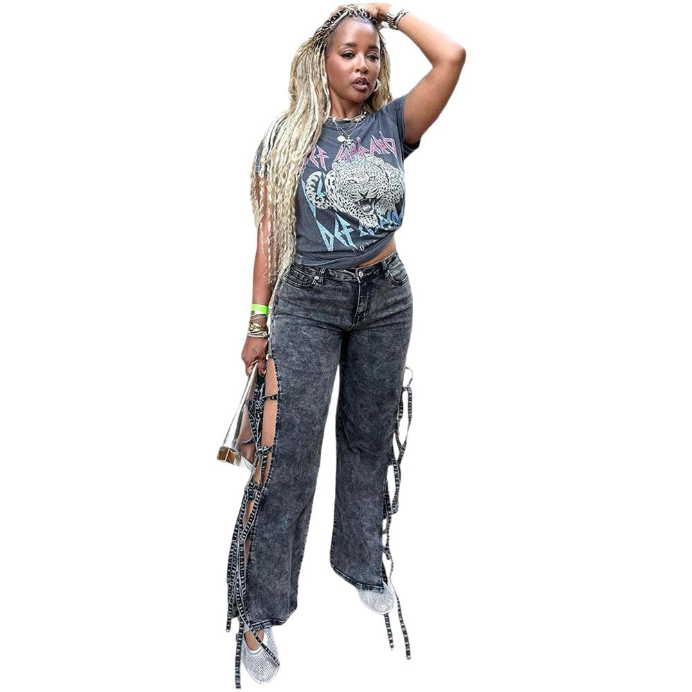 Women's high waist washed denim jeans with slits and tie string detail, long style from Plush Fashion Hub.