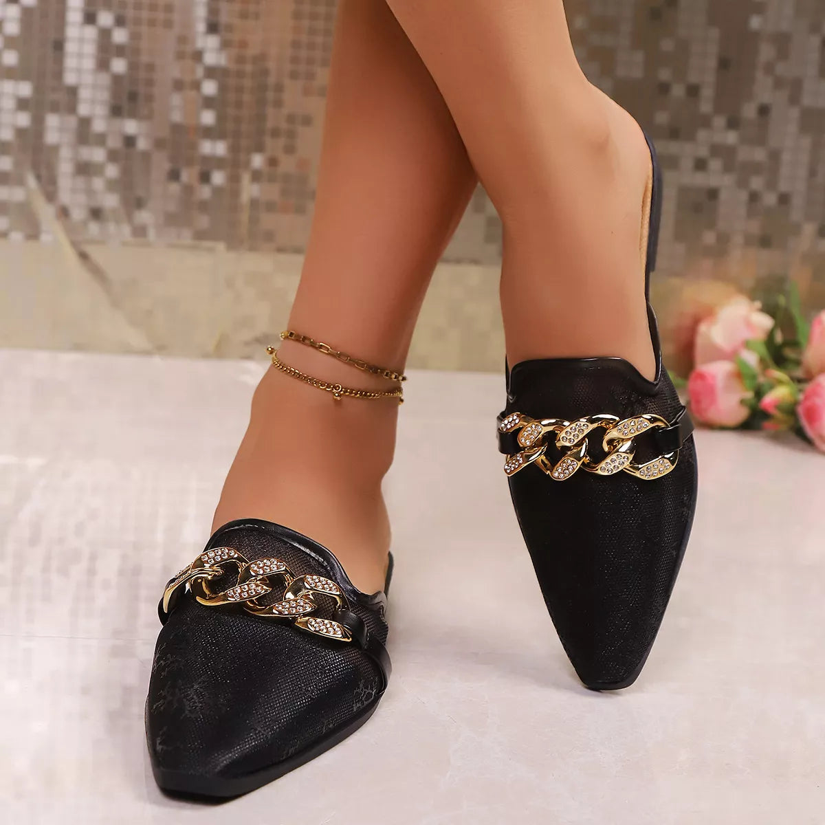 Point toe chain detail sandals from Plush Fashion Hub, featuring sleek design and elegant chain accents on a stylish open-toe sandal.