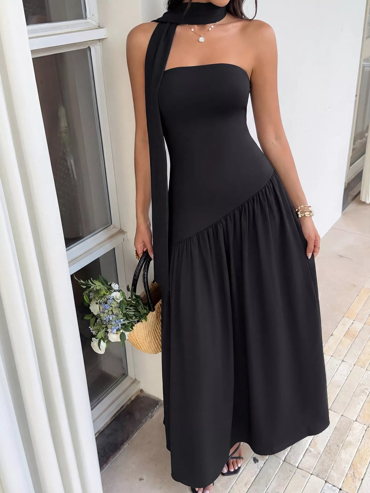 Plush Fashion Hub maxi dress with scarf and slit design, flowing fabric, and elegant style for casual or formal wear.