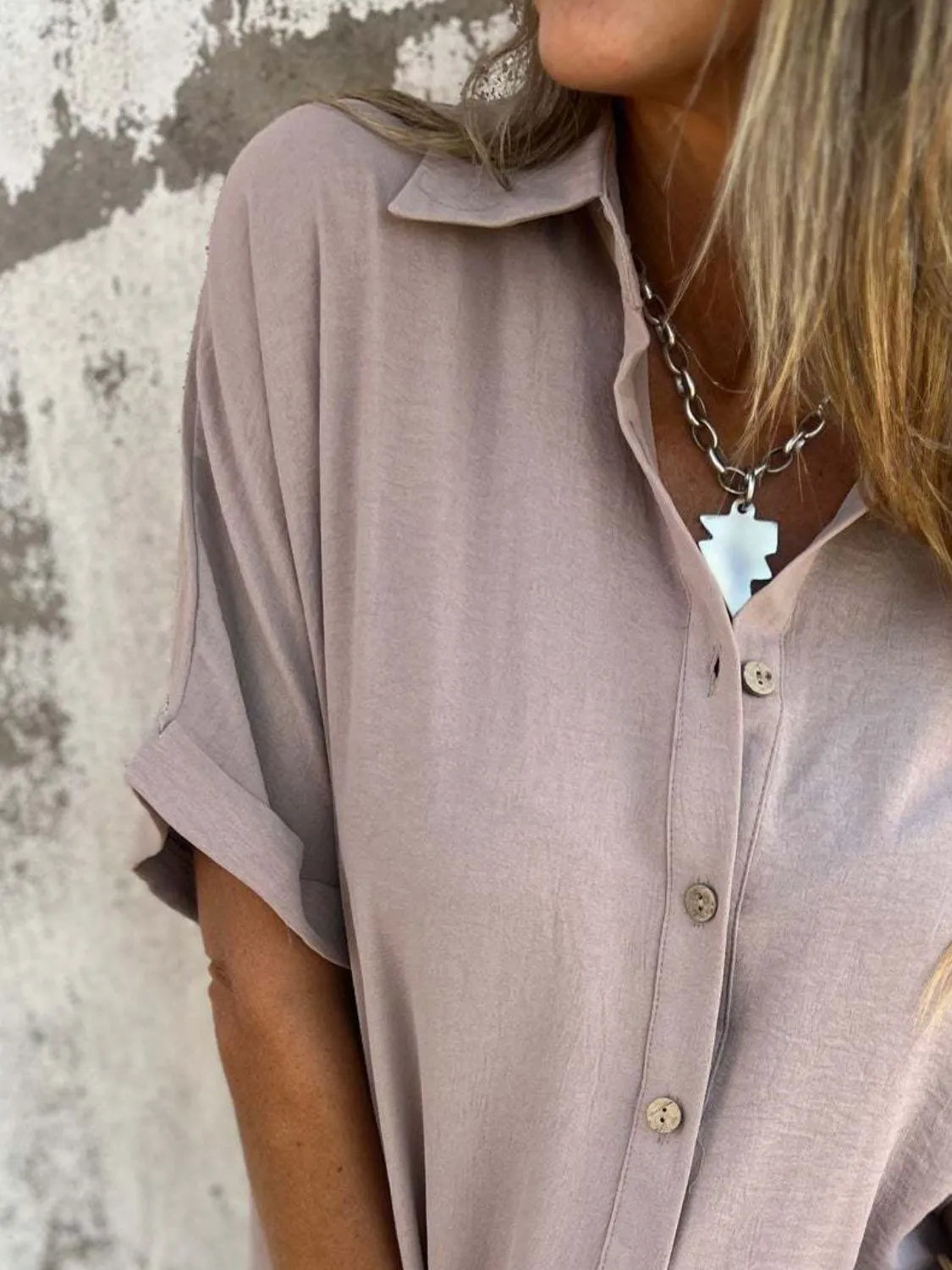 Women's half sleeve collared button-down blouse by Plush Fashion Hub, stylish office top with a classic collar and button-front design.
