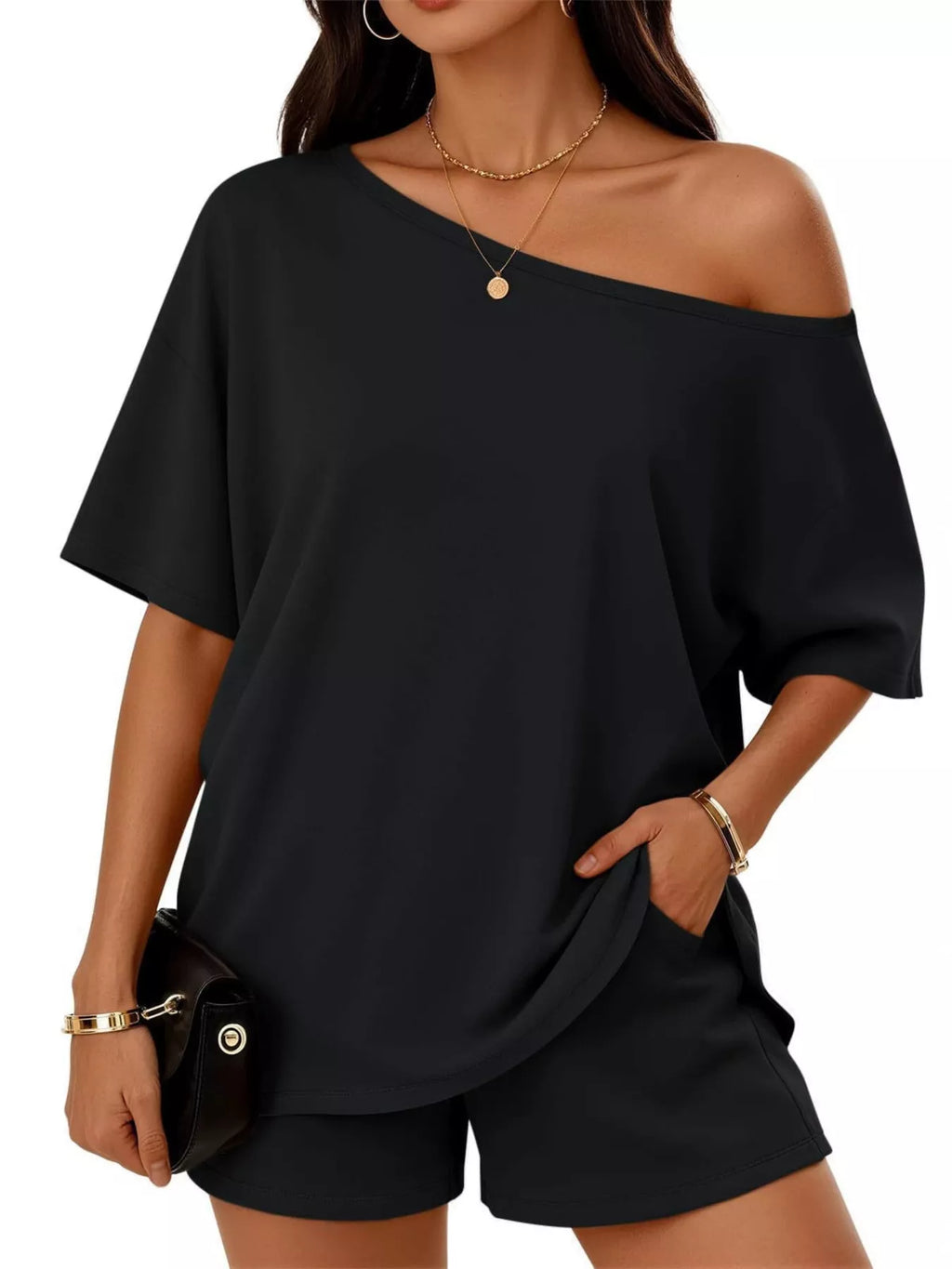 Plus size Trendsi one-shoulder top and shorts set, featuring a stylish full-size casual outfit with a trendy design.
