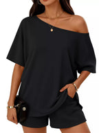 Plus size Trendsi one-shoulder top and shorts set, featuring a stylish full-size casual outfit with a trendy design.