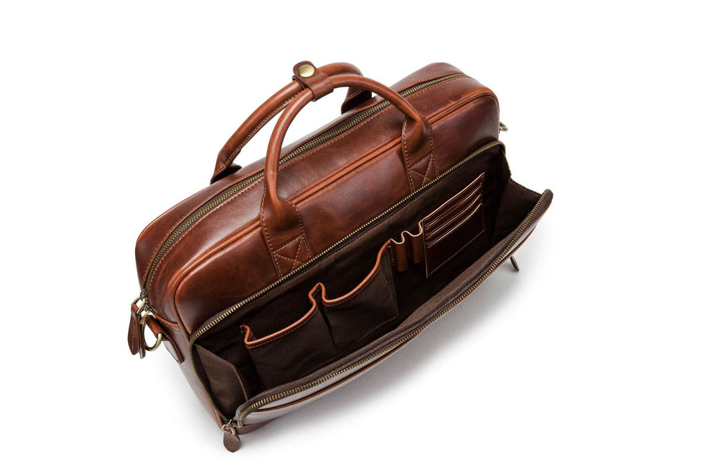 Pi-Mart horse leather men's shoulder briefcase with laptop compartment, featuring a sturdy, stylish leather design.