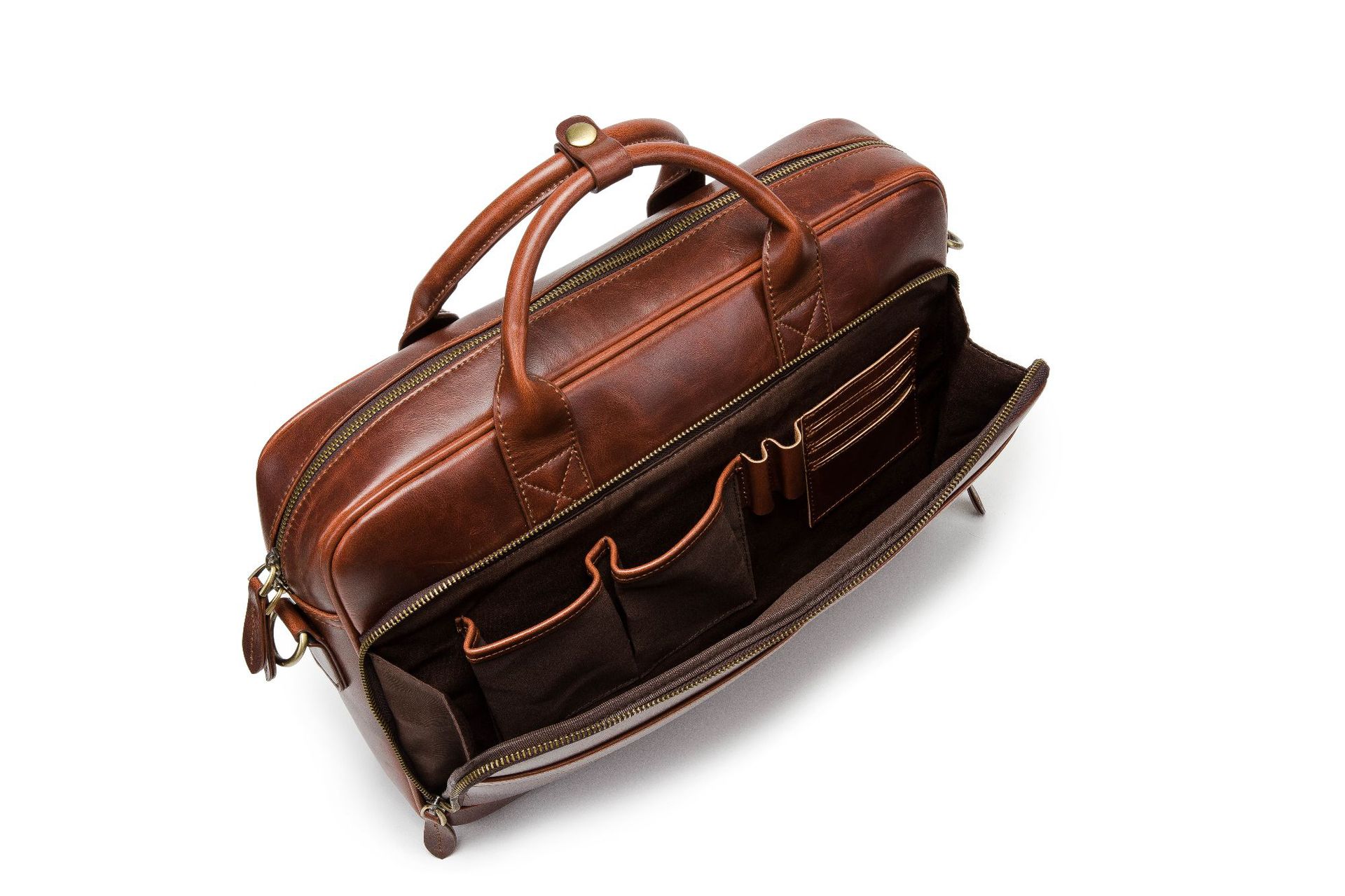 Pi-Mart horse leather men's shoulder briefcase with laptop compartment, featuring a sturdy, stylish leather design.