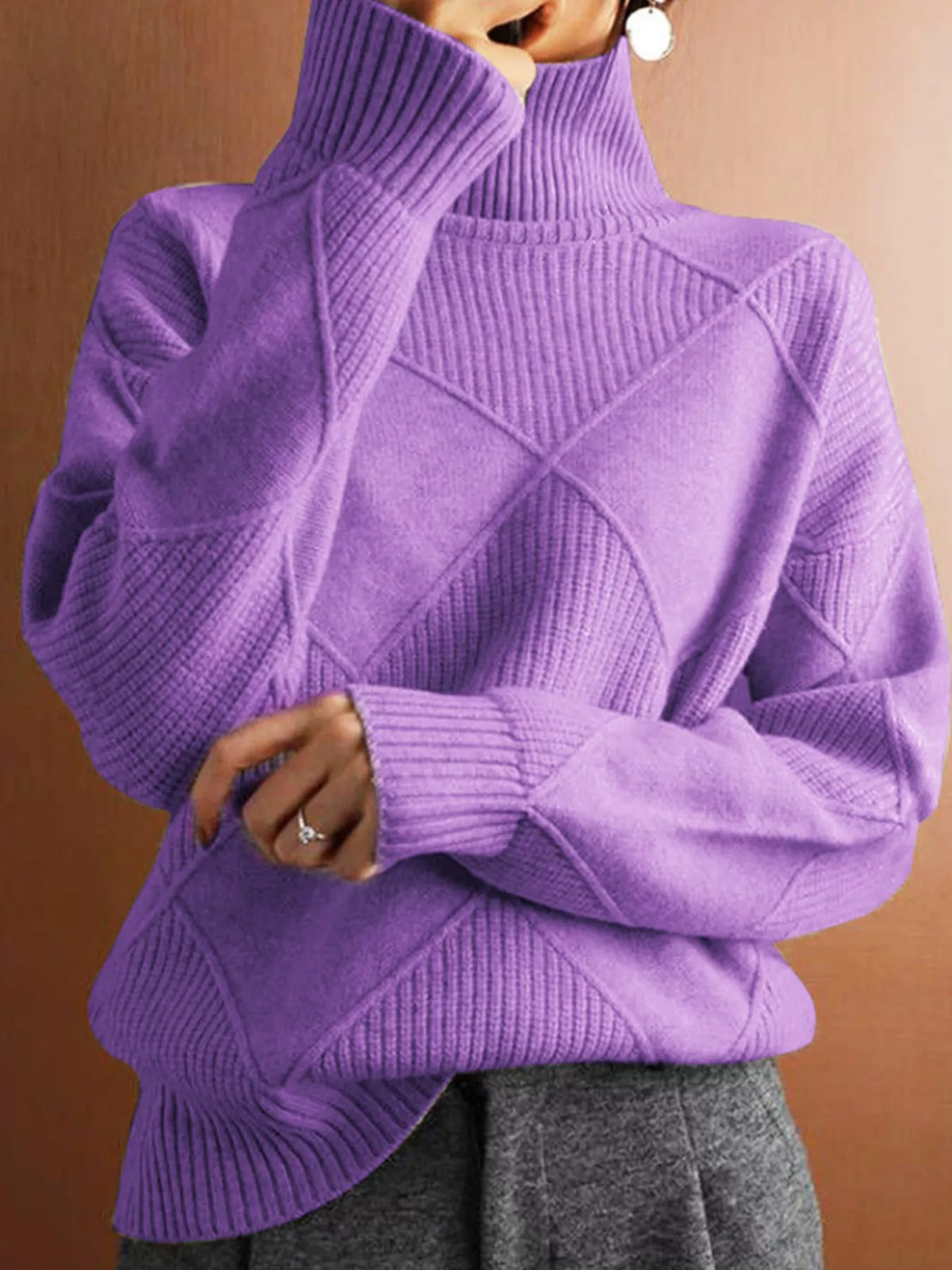 Argyle pattern turtleneck sweater in cozy knit fabric, featuring classic diamond design and fitted style, from Trendsi.