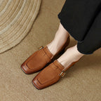 Women's retro British style chunky heel leather shoes with round toe, designed for comfortable commuting by Plush Fashion Hub.