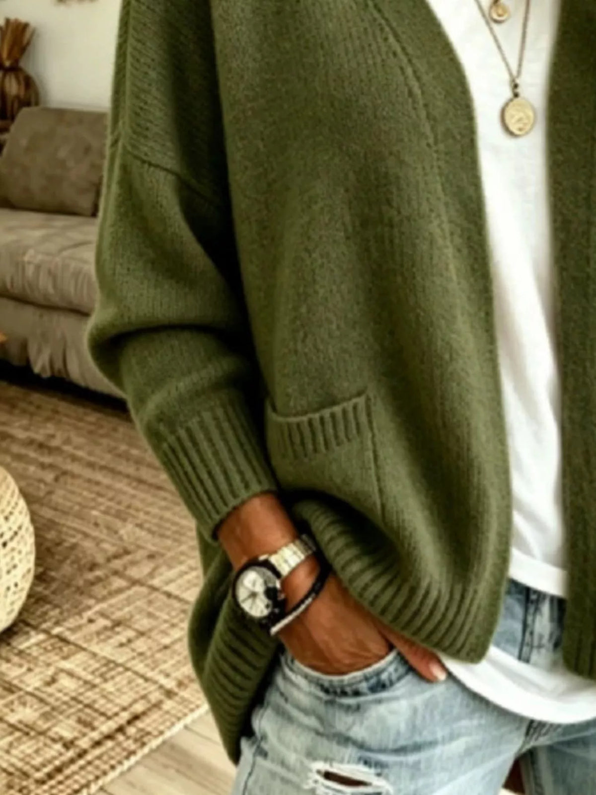 Open front knit cardigan with pockets from Trendsi, featuring a cozy, casual design in soft fabric with a relaxed fit.