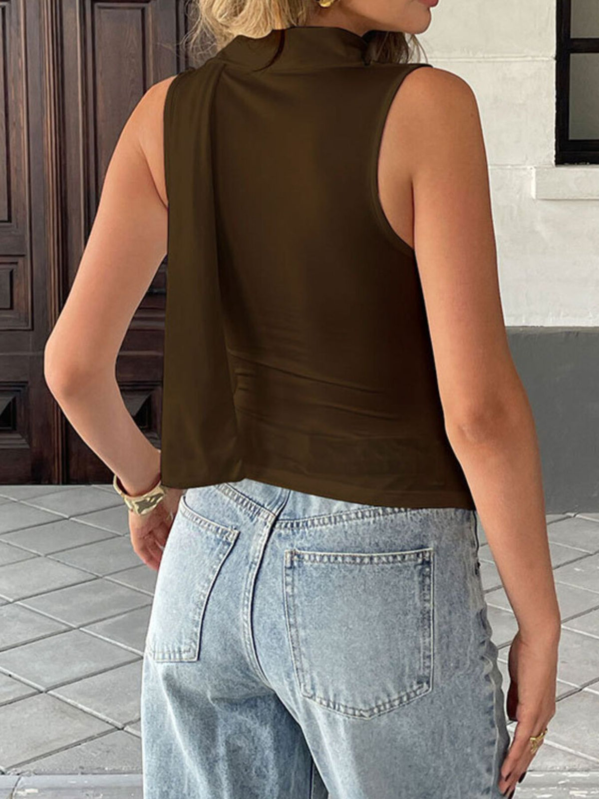 Satin-feel cowl neck sleeveless blouse with ruched detail by Plush Fashion Hub, elegant camisole top for stylish wear.