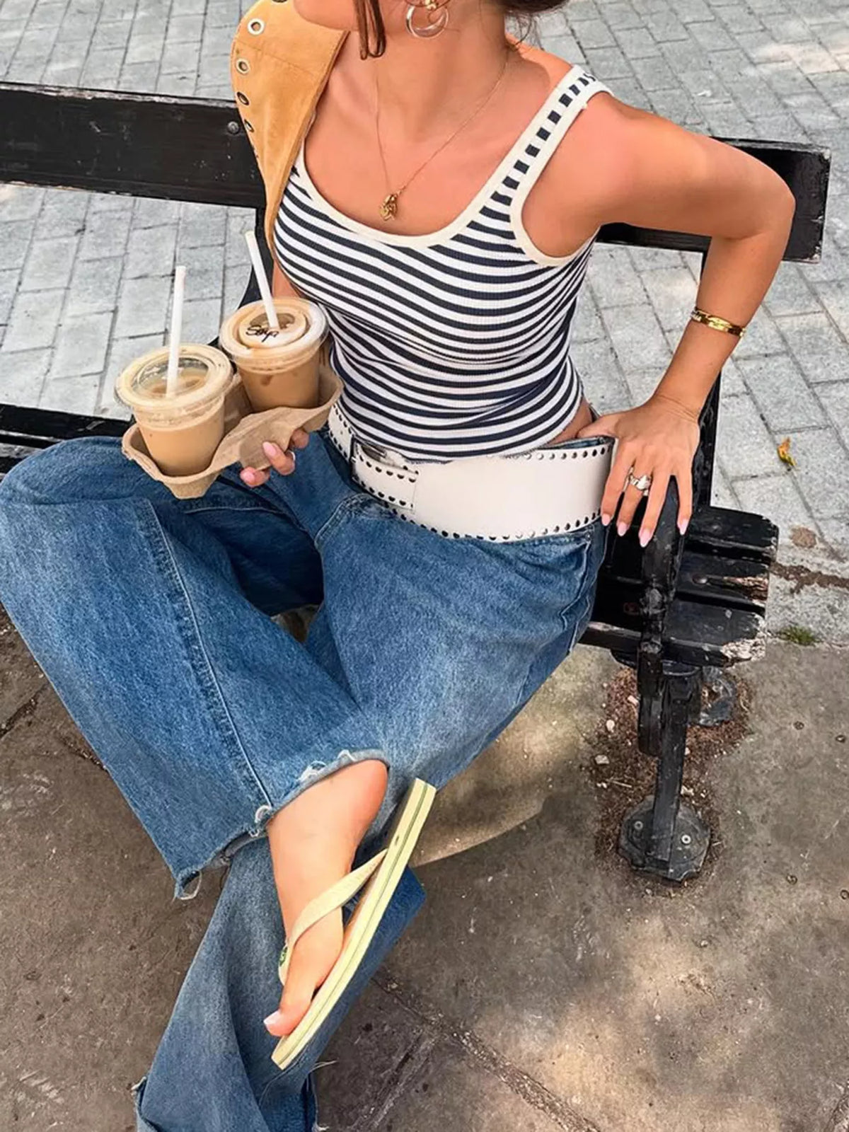 Striped scoop neck tank top from Plush Fashion Hub featuring blue and white horizontal stripes, sleeveless design, and lightweight fabric.