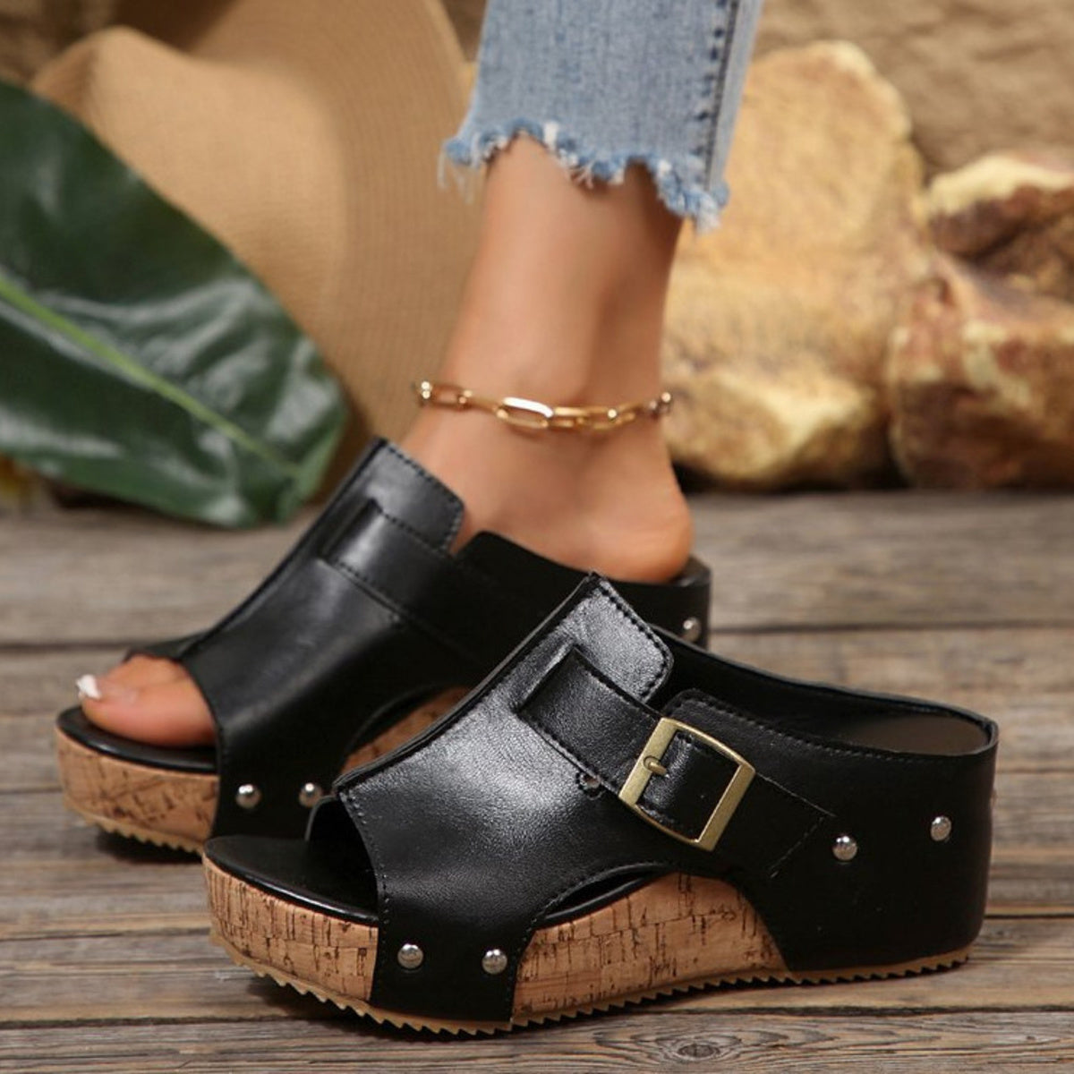 Women’s open toe PU leather wedge sandals with high heels, stylish and comfortable shoes from Plush Fashion Hub.