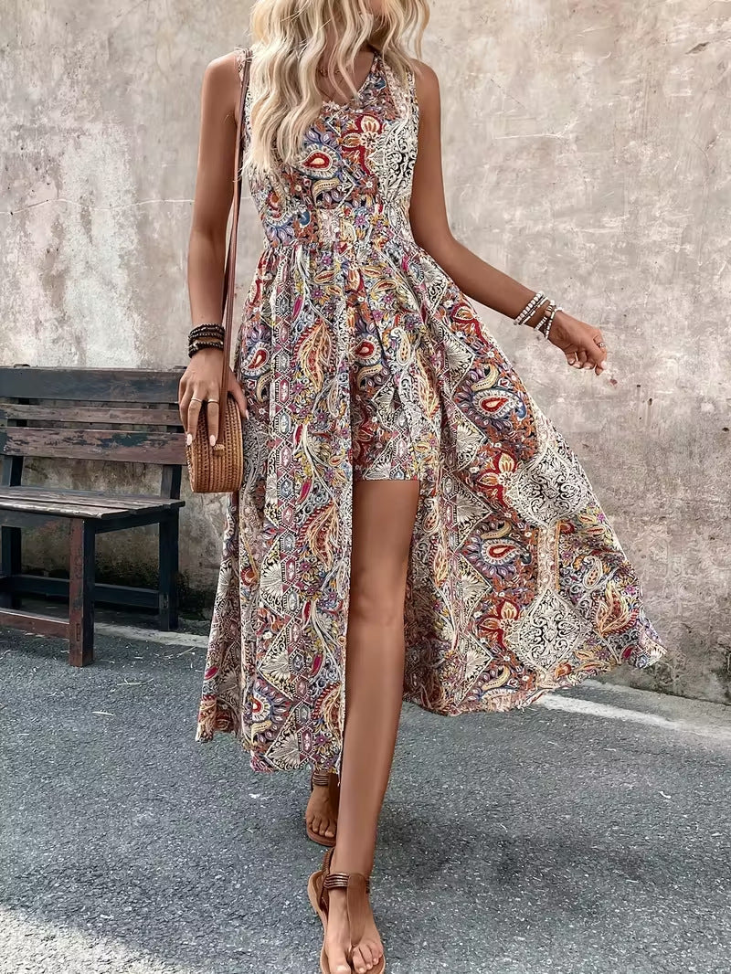 Women's printed V-neck sleeveless jumpsuit by Plush Fashion Hub, casualwear with a chic vacation style, shown on a model.
