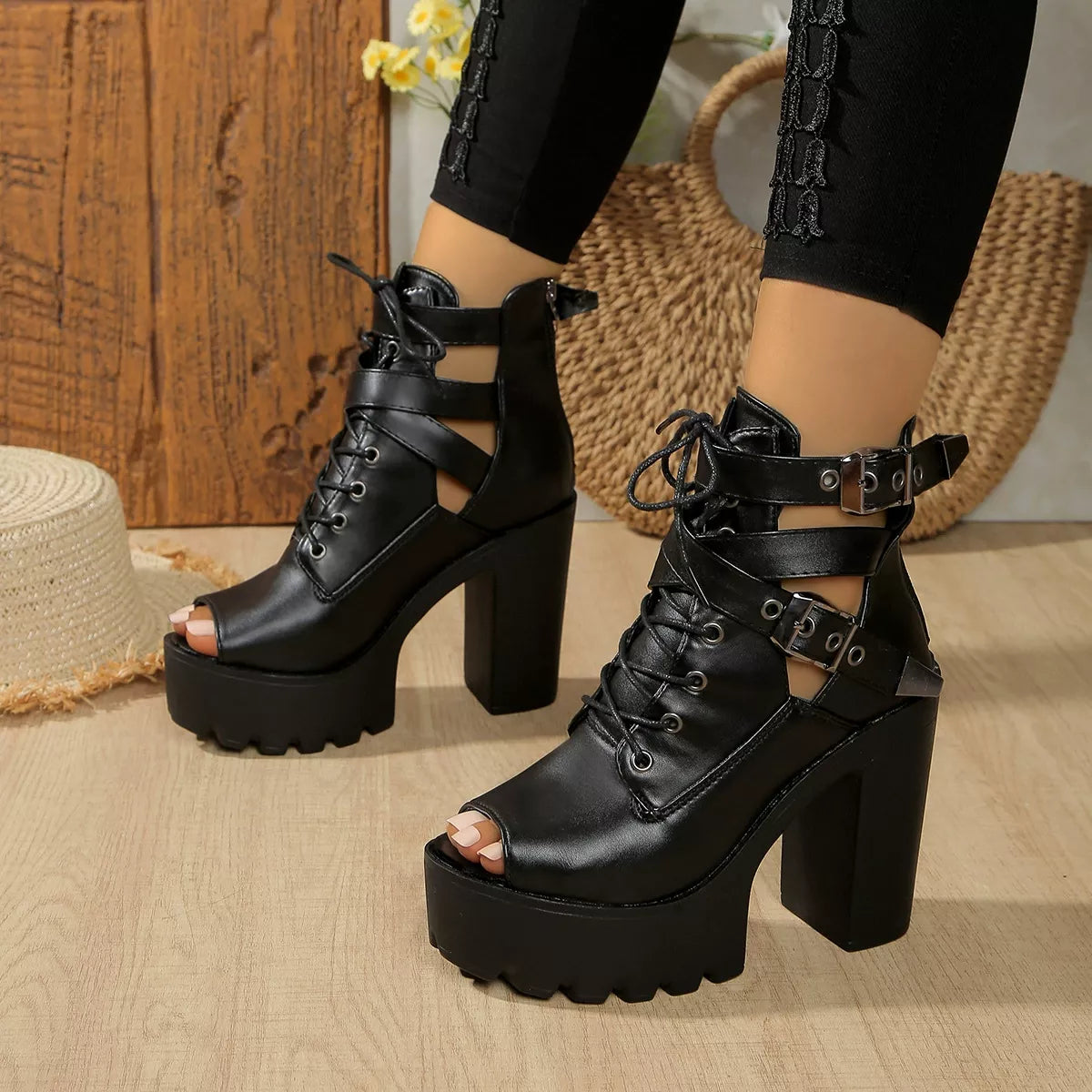 Plush Fashion Hub lace-up block heel sandals with open toe and ankle straps, stylish footwear for casual or dressy occasions.