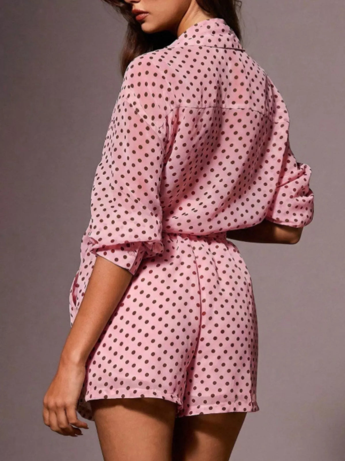 Polka dot button-up shirt and shorts loungewear set by Plush Fashion Hub, featuring a stylish polka dot pattern and comfortable fit.