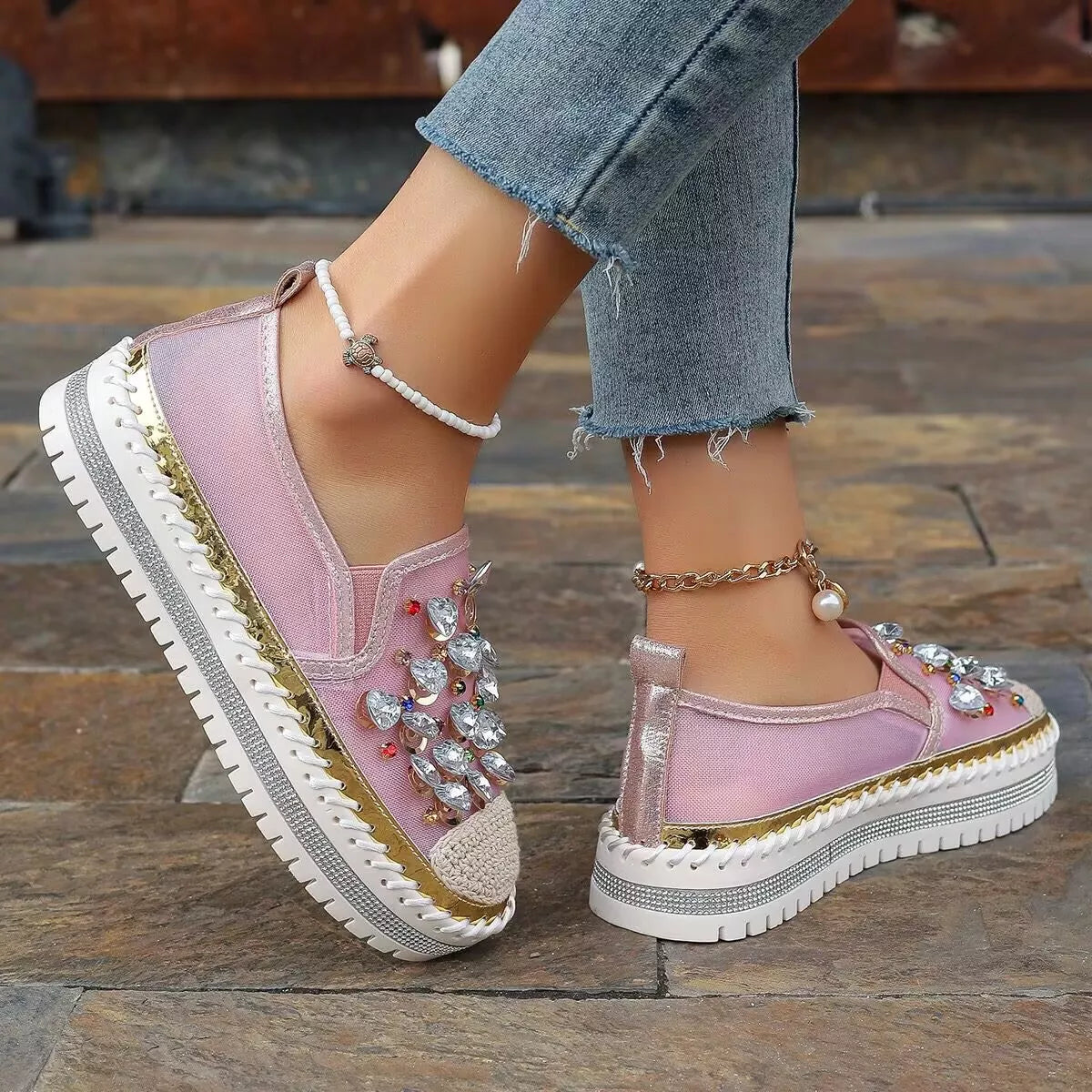 Rhinestone decor platform loafers by Trendsi, stylish footwear with sparkling rhinestone embellishments and chunky sole.