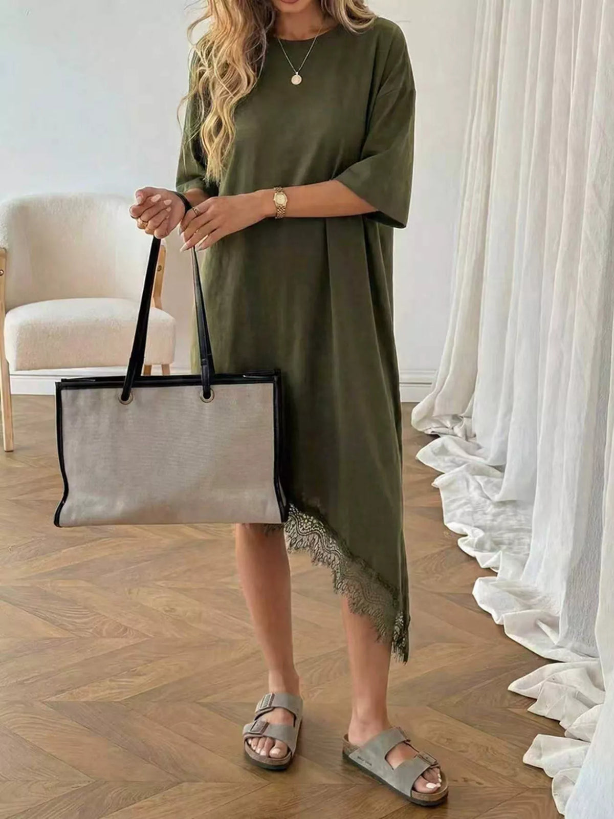 Lace trim asymmetrical hem T-shirt dress by Plush Fashion Hub, casual shirt dress with stylish lace details and uneven hem.