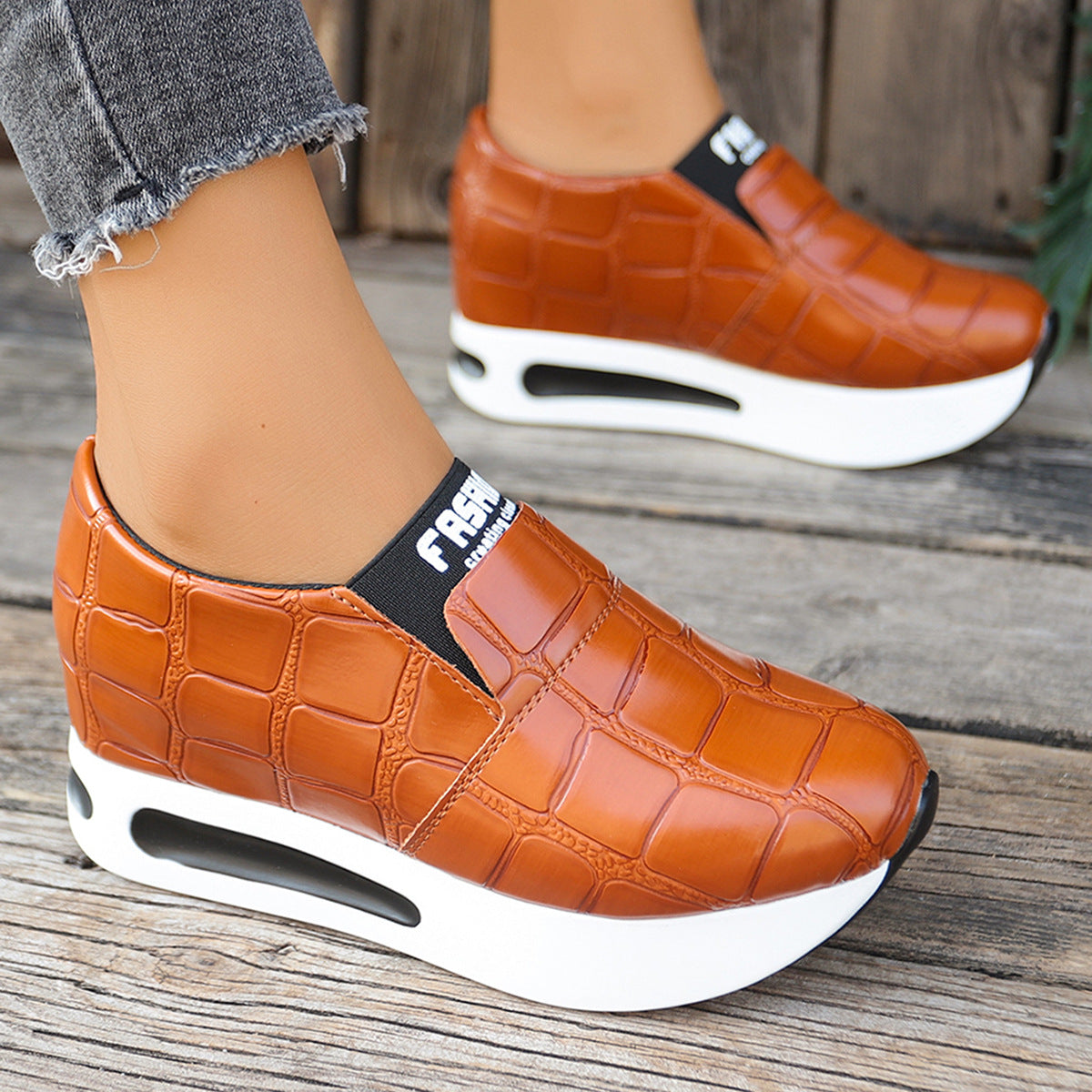 Women's faux leather crocodile pattern platform slip-on sneakers by Plush Fashion Hub, showcasing stylish textured design and comfortable fit.