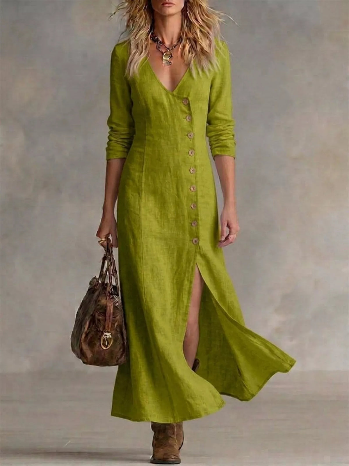 Plus size full length maxi dress with button front and slit, stylish and comfortable dress by Plush Fashion Hub.