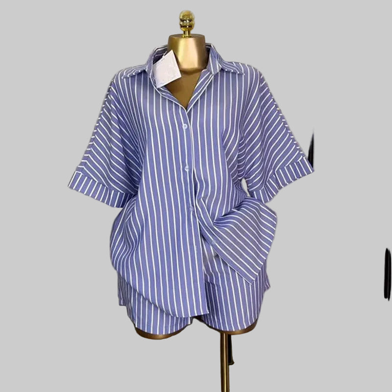 Plush Fashion Hub coastal chic striped button-down shirt and wide-leg shorts set, casual summer tops with blue and white stripes.
