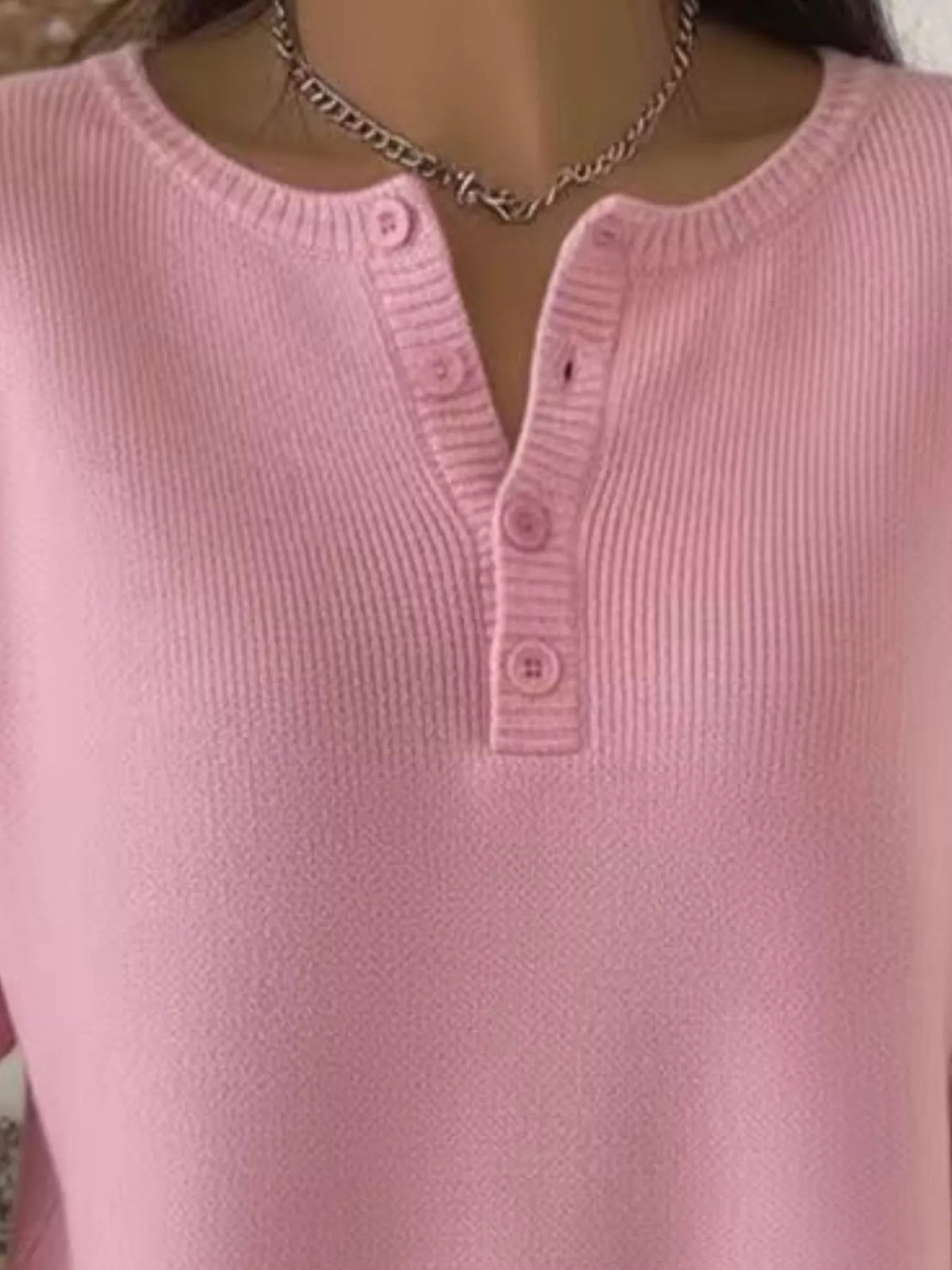 Plus size ribbed knit sweater with button details by Trendsi, featuring a cozy, full-size design in natural fabric.
