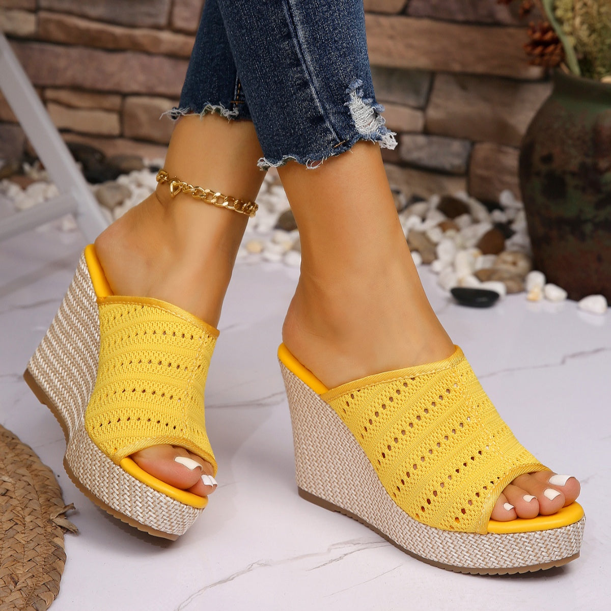 Women's mesh open toe wedge sandals by Plush Fashion Hub featuring high heels and comfortable design.