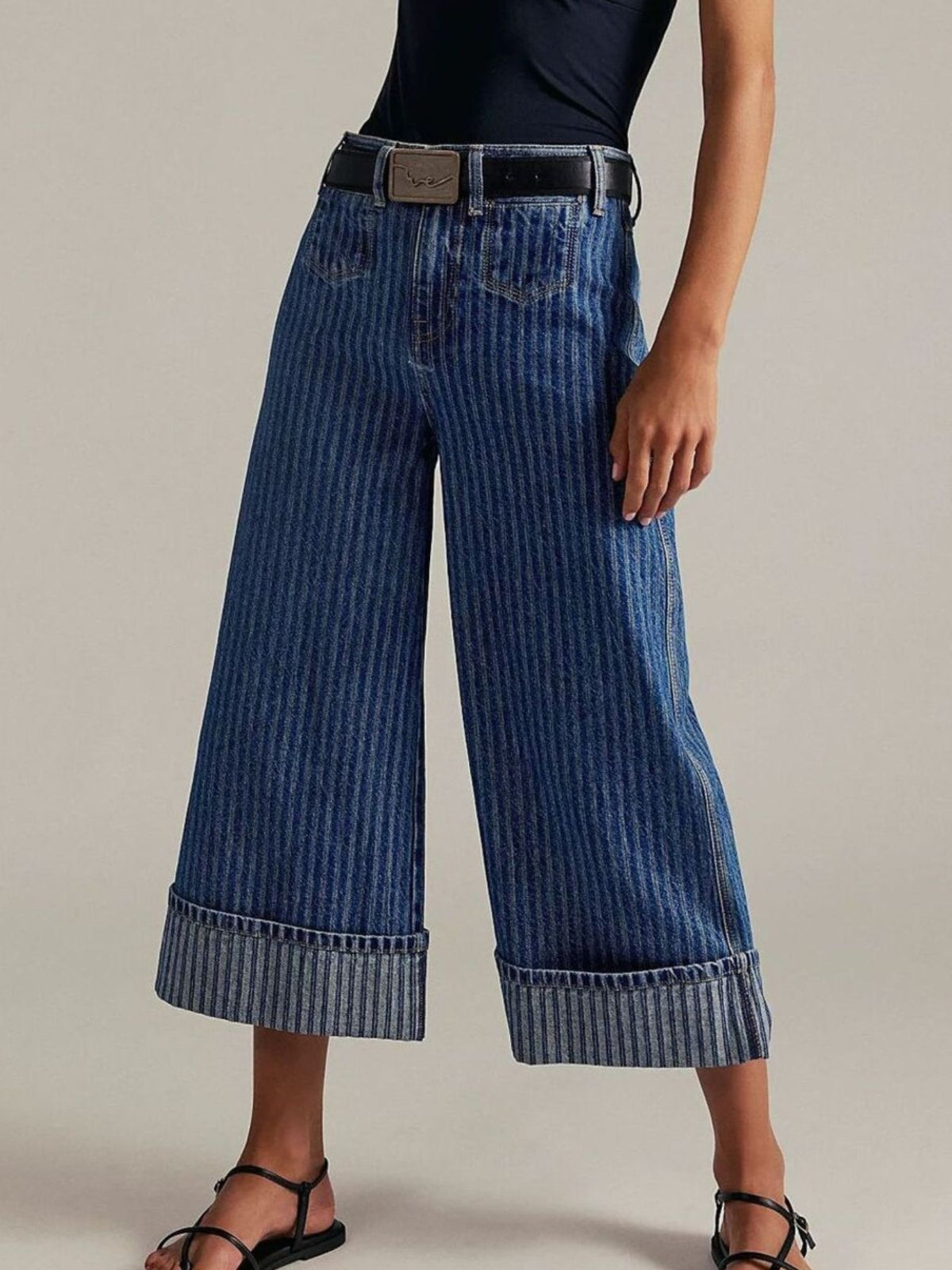 Plush Fashion Hub wide-leg cropped denim jeans with a relaxed fit, light wash, and classic five-pocket design.