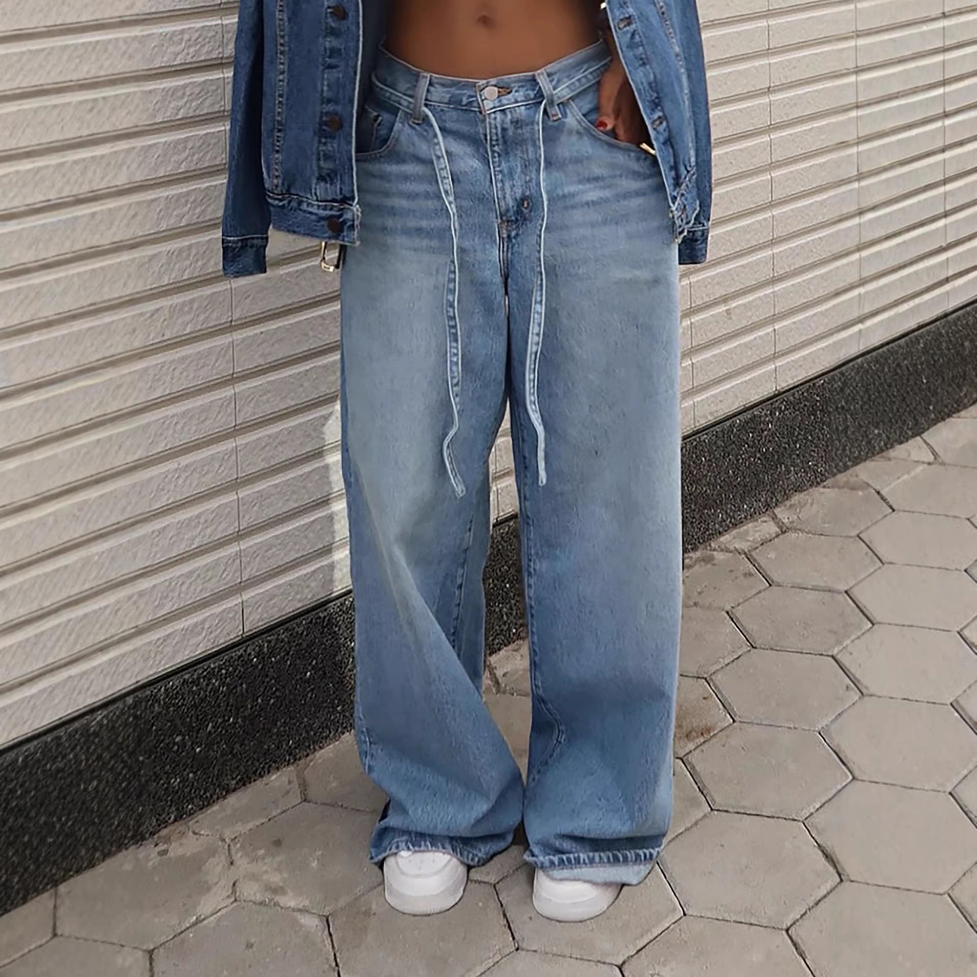 Washed Denim High-Waisted Straight-Leg Tied Pants