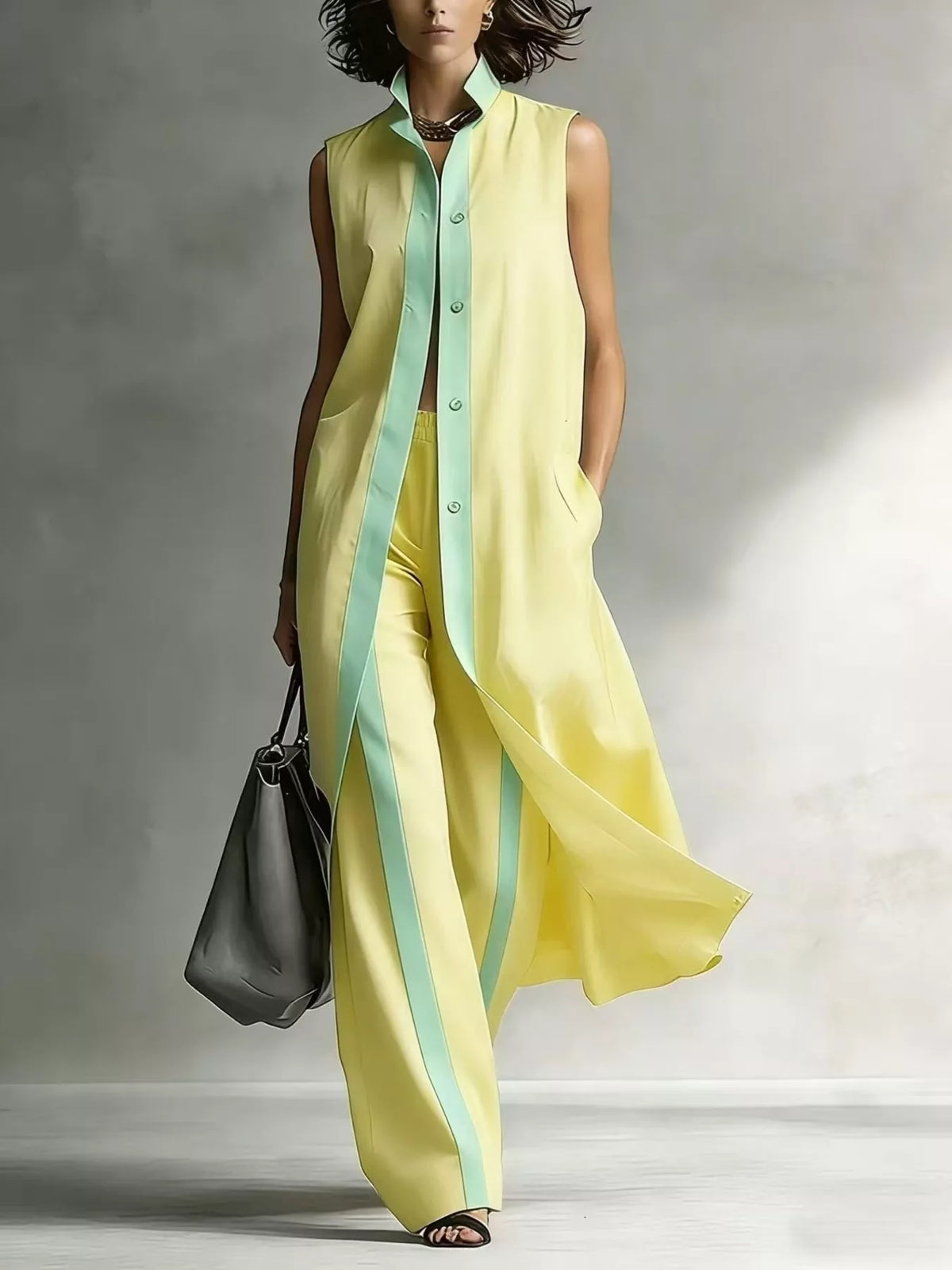 Plus size sleeveless longline vest and wide-leg pants set by Trendsi, stylish matching outfit for a modern look.
