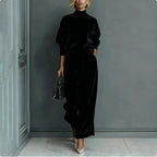 LadyShow.Store casual velour long-sleeve activewear with high-neck zipper and wide-leg fit, in solid color for comfortable sportswear.