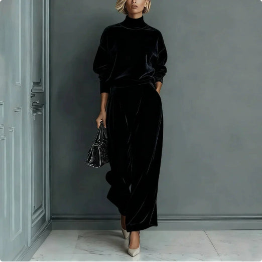 LadyShow.Store casual velour long-sleeve activewear with high-neck zipper and wide-leg fit, in solid color for comfortable sportswear.