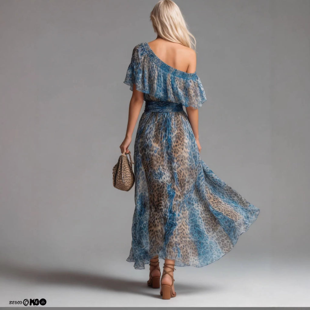 Peacock blue leopard print chiffon off-shoulder boho A-line dress from Plush Fashion Hub, casualwear with flowy, stylish design.