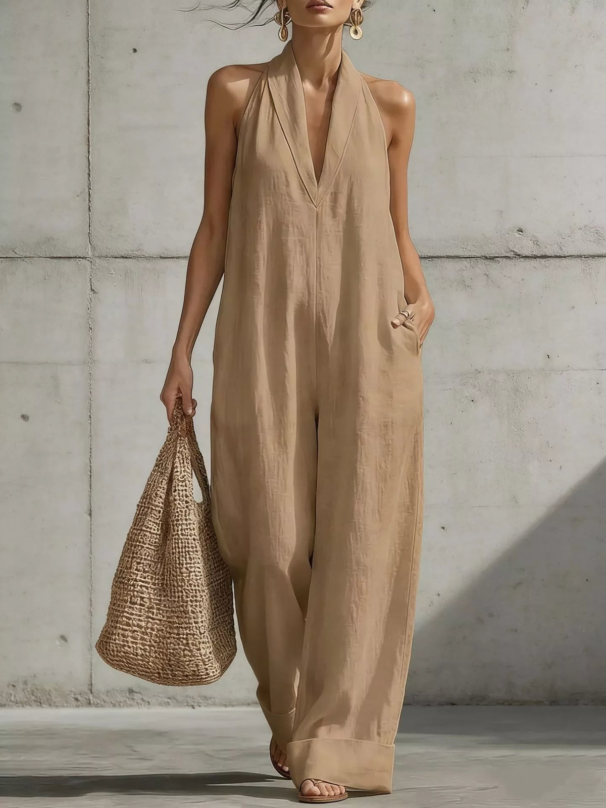 Plus size halter neck wide-leg jumpsuit by Plush Fashion Hub, featuring a flattering fit and stylish design.