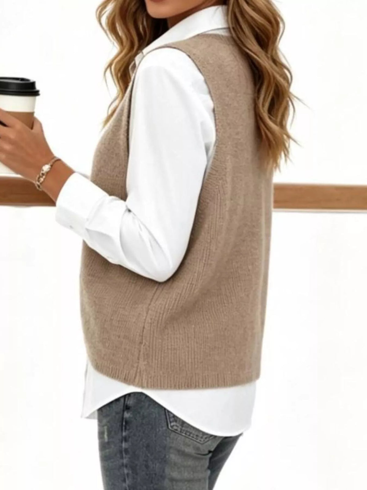 Plus size full V-neck sleeveless knit sweater vest by Trendsi, featuring a cozy knit fabric and a stylish sleeveless design.