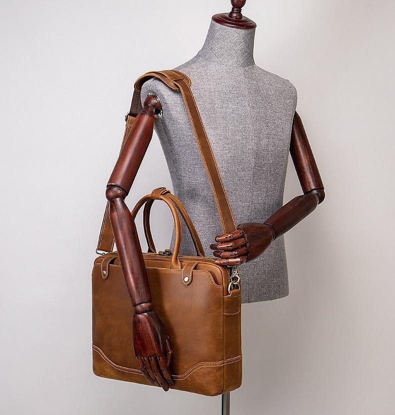 Pi-Mart Crazy Horse Leather men's briefcase, stylish leather handbag with sturdy handles and classic design, perfect for professional use.