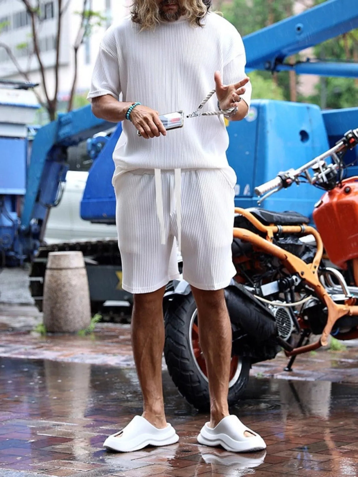 Plus size men's short sleeve top and shorts set by Plush Fashion Hub, casual summer outfit, blue fabric, comfortable fit