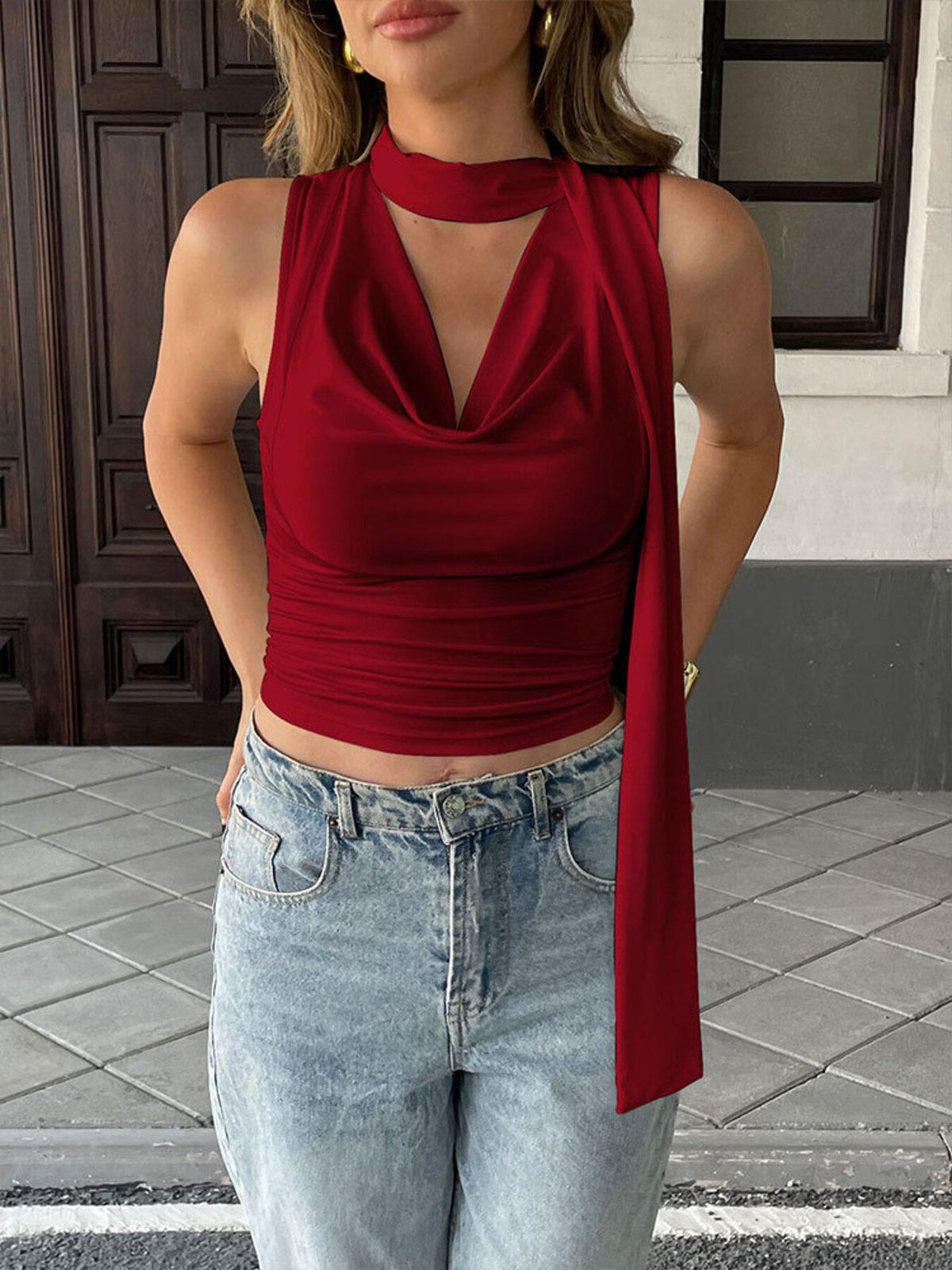 Plush Fashion Hub satin-feel cowl neck sleeveless blouse with ruched detailing, elegant camisole top for stylish wear.